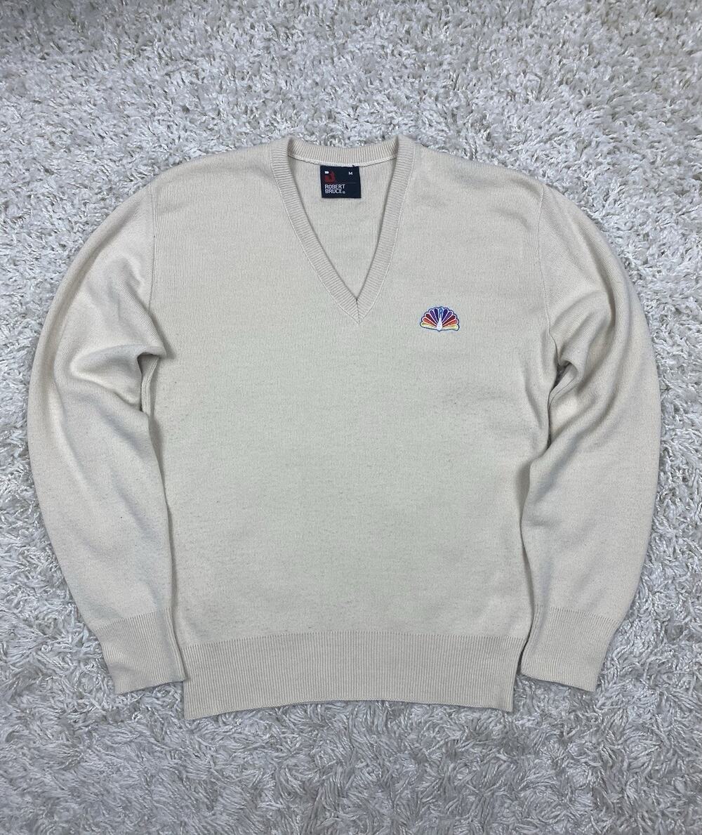 Vintage Robert Bruce NBC Peacock Logo Sweater Mens M Cream V-Neck 70s/80s